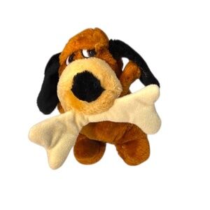 Vintage 1980’s Cuddly Brown and Black Plush Dog with Bone